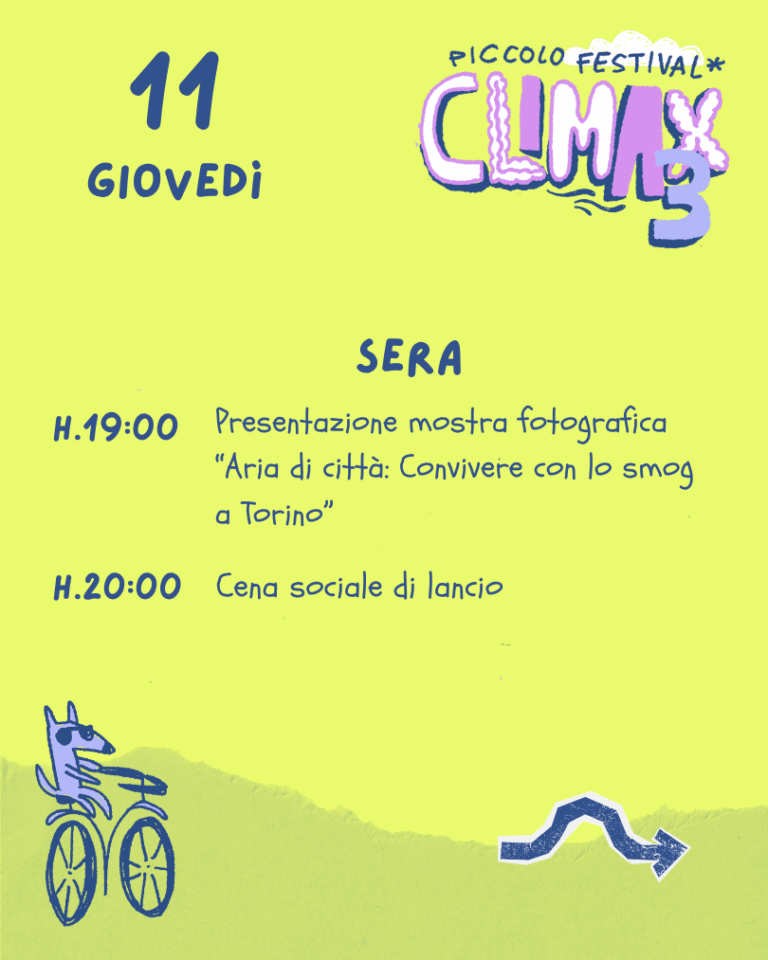Giovedì 11 - Sera H. 19:00 - Presentazione mostra fotografica "Aria di città: convivere con lo smog a Torino" H. 20:00 - Cena sociale di lancio