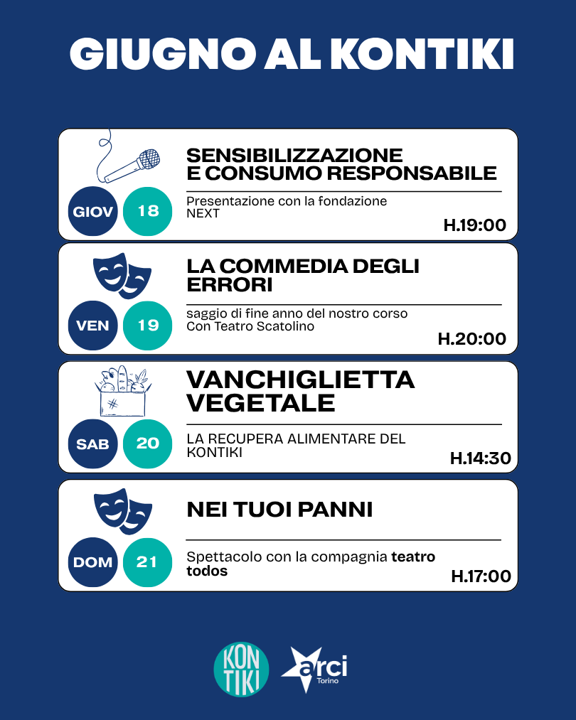 Giovedì 18: fondazione NEXT - sensibilizzazione e consumo responsabile Venerdì 19: spettacolo La commedia degli errori Sabato 20: Vanchiglietta vegetale Domenica 21: spettacolo Nei tuoi panni