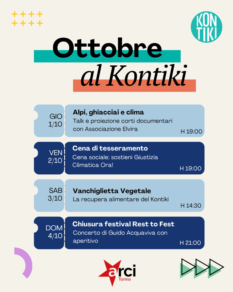 Giovedì 1: Alpi, ghiacciai e clima Venerdì 2: Cena di tesseramento Sabato 3: Vanchiglietta vegetale Domenica 4: Chiusura festival Rest to Fest